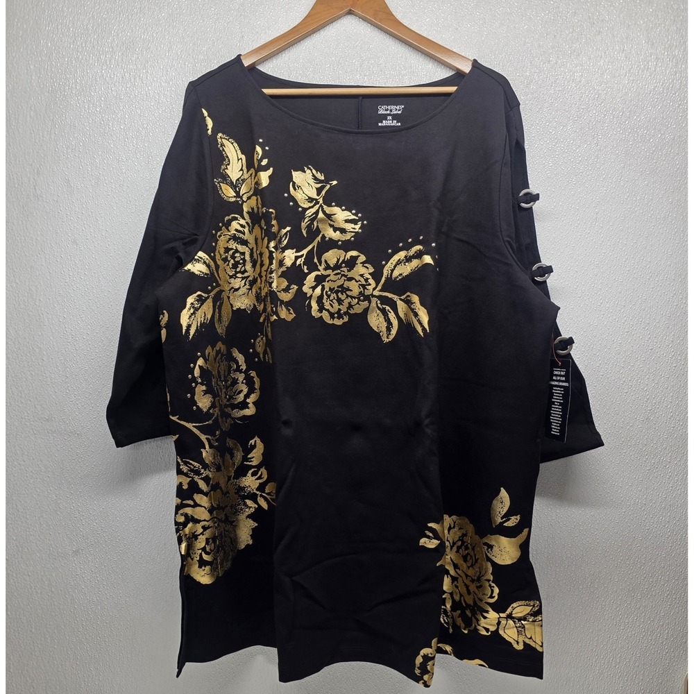 Catherines Black Label 3/4 Sleeve Black Gold Foil Floral Ponte Tunic Size 2X